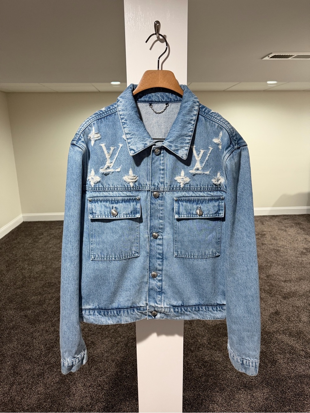 Louis Vuitton SS25 Frayed / Distressed Monogram Blue Denim Trucker Jacket